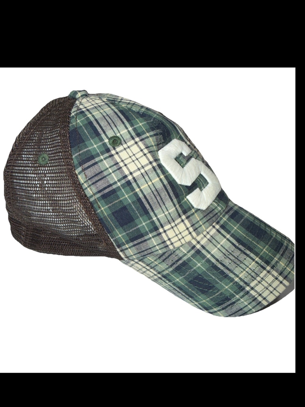 Michigan State Spartans GREEN PLAID SNAPBACK HAT NCAA MSU WHITE embroidered S OS